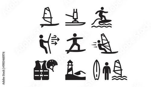 Collection of black windsurfing and surfing water sports icon symbols