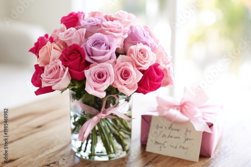 Soft pink roses bouquet with gift and card