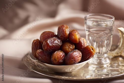 Bowl of fresh dates with glass on table