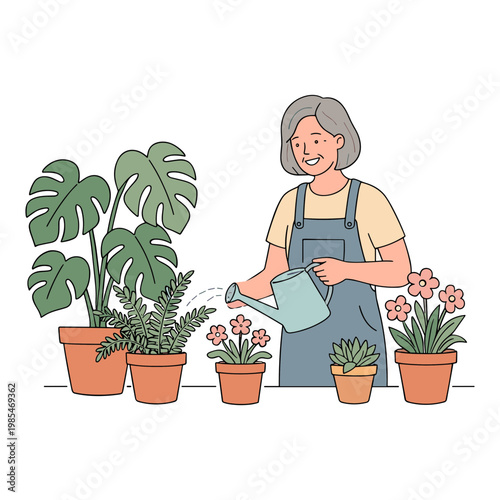Elderly woman watering diverse potted plants indoor with happiness and care
