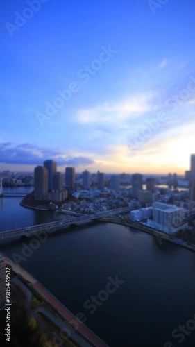 明石町から望む佃のマンション群と隅田川の一日のミニチュア風景