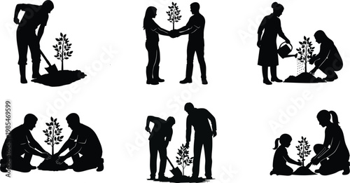 Black Silhouette Vector Set of People Planting Trees Featuring Gardening Activities Environmental Conservation Sustainability Reforestation and Community Growth Isolated on White Background for Design