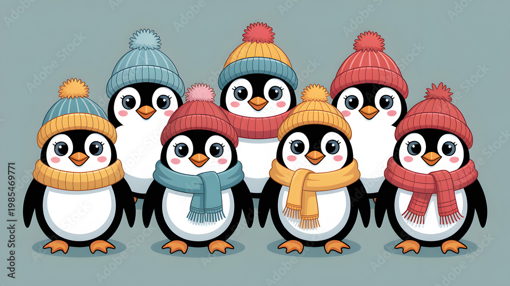 Fototapeta premium A group of cute penguins wearing winter hats and scarves in a studio setting