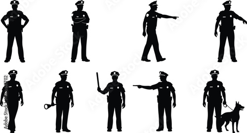 Collection of Police Officer Silhouettes in Various Poses Including Guarding Pointing Walking and K9 Unit for Law Enforcement Safety and Security Graphic Design Projects