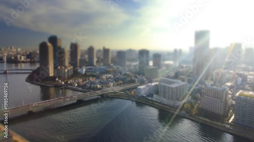 明石町から望む佃のマンション群と隅田川の一日のミニチュア風景