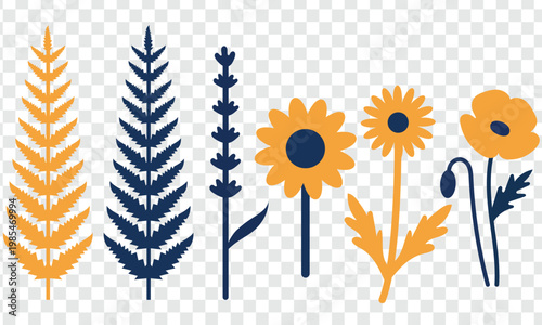 Collection of stylized graphic illustrations featuring botanical elements and vibrant floral designs