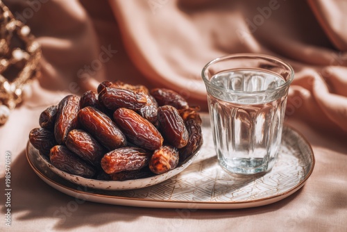 Dates with glass of water on soft fabric