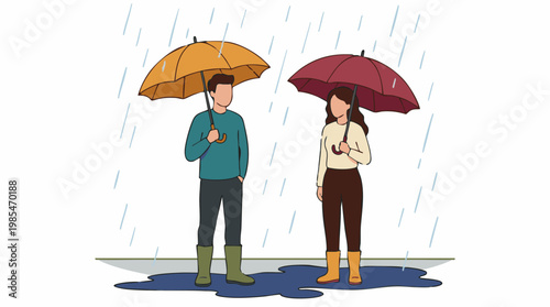 Illustration of two people with umbrellas and rain boots standing in the rain