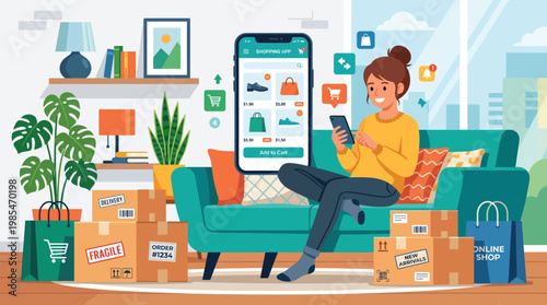 Online Shopping Woman Browsing E-commerce App on Smartphone at Home Illustration
