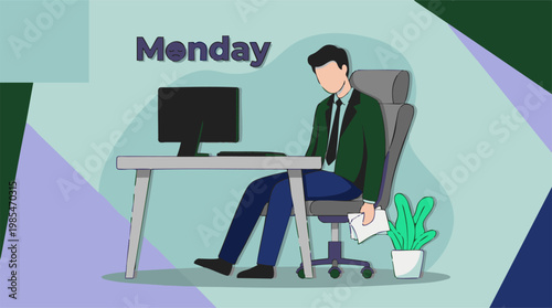 Vector illustration of a fatigued man at office desk on Monday