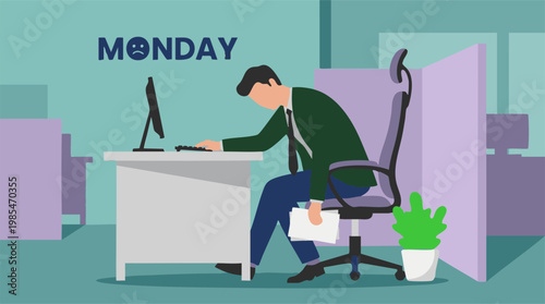 Fatigued businessman slumping over desk on Monday morning, depicting Monday blues