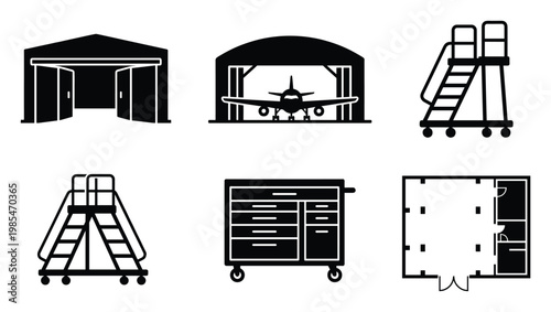 Aviation and workshop vector icons featuring hangars, airplane, mobile passenger stairs, maintenance platform, rolling tool cabinet, and a building floor plan for industrial and technical