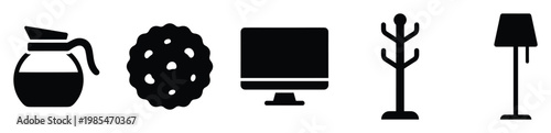 Various common objects including a coffee pot, cookie, computer monitor, coat rack, and floor lamp rendered as simple black glyph icons for modern UI UX design and home furnishing concepts.