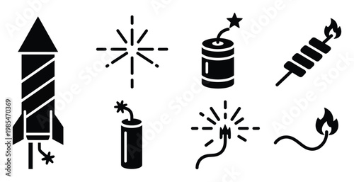Comprehensive set of firework icons depicting rockets sparklers and exploding pyrotechnics ideal for enhancing holiday celebrations event promotions and safety awareness materials