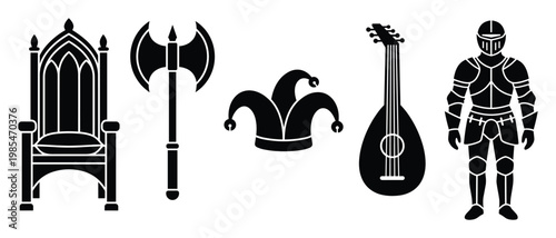 A compilation of iconic medieval and historical objects including a majestic throne, formidable axe, playful jester hat, elegant lute, and strong knight armor, perfect for historical
