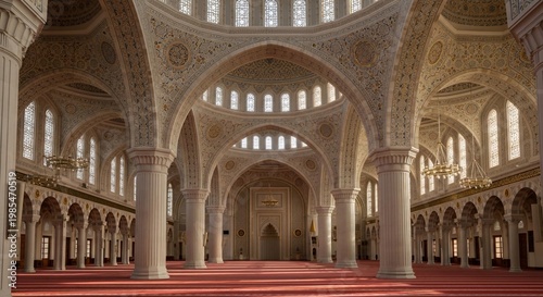 Interior view of a grand mosque with intricate geometric patterns and arches, illuminated by natural light.
