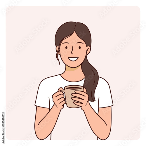 A smiling woman enjoys a cup of coffee in a casual setting indoors.