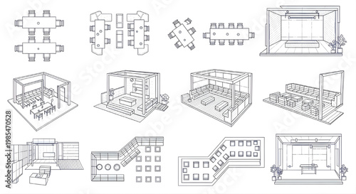 Outdoor Dining Area Layout Blueprint Icon Set – Multi View AutoCAD Landscape Technical Color Vector Drawings with Tables Arrangement