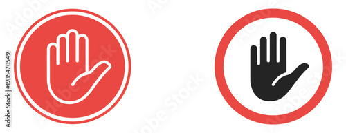 Stop hand signals in red and black indicating prohibition or halt, modern flat design set of hand gesture icons showing stop command