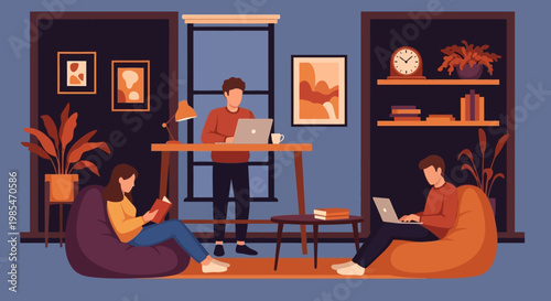 People working and studying in a cozy home environment.