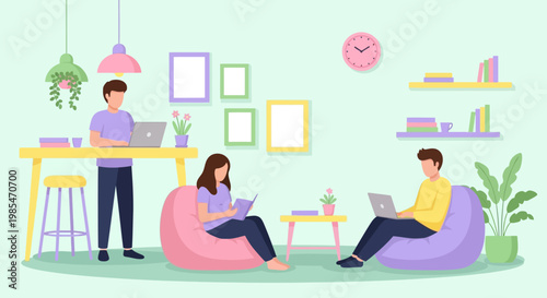 People working and studying in a cozy home environment.