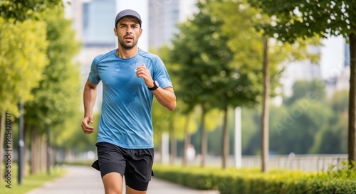 A fit man in athletic wear runs along a tree-lined path in a city park on a sunny day.