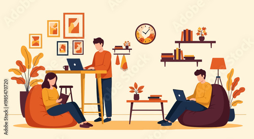 People working and studying in a cozy home environment.