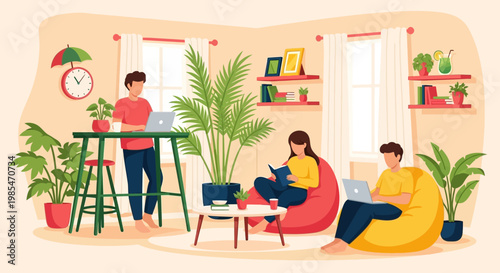 People working and studying in a cozy home environment.