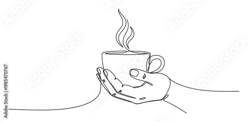 Continuous line drawing depicting a hand gently holding a steaming cup, symbolizing warmth, relaxation, and the comforting pleasure of a hot beverage, ideal for various lifestyle or