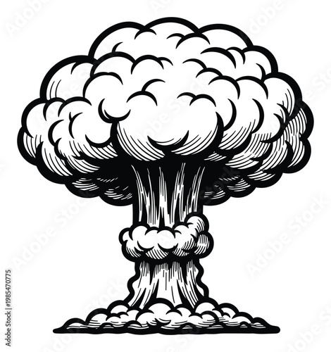 Vivid mushroom cloud explosion graphic in a classic woodcut style depicting immense power and destructive force for use in news media alerts historical content and impactful conceptual