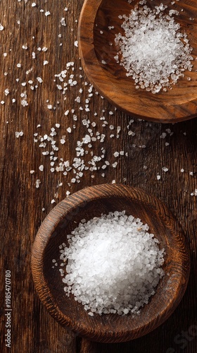 Wooden bowls of white salt crystals.