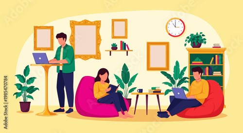 People working and studying in a cozy home environment.