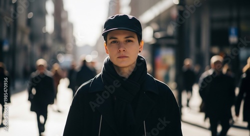 A young person wearing a flat cap and scarf stands confidently in the middle of a bustling city street.