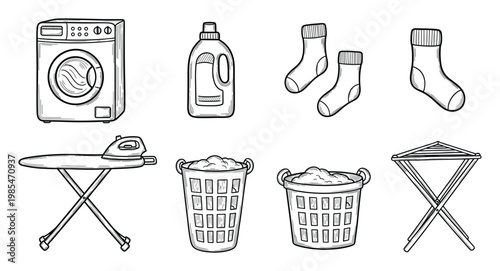 Comprehensive collection of essential laundry items and household chore equipment for home care guides and cleaning product promotions