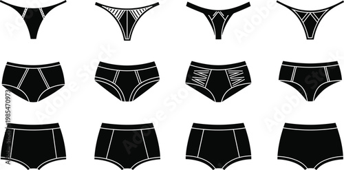 Vector Illustration Set of Women’s Black Panties and Underwear Including Thongs Briefs and High Waisted Shorts in Professional Flat Technical Sketches