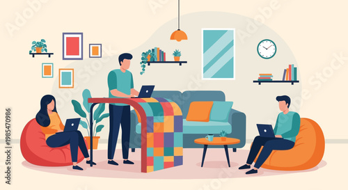 People working on laptops in a cozy living room setting.