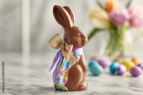Decorated chocolate Easter bunny with spring ornaments