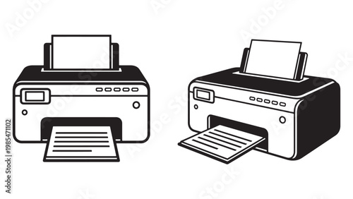 Modern Black and White Vector Illustrations of an Office Printer with Paper Output, Featuring Flat and Isometric Styles for Technology and Business.