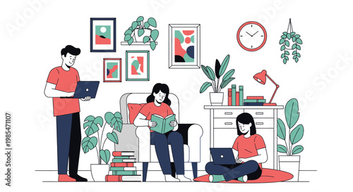 People working on laptops in a cozy living room setting.