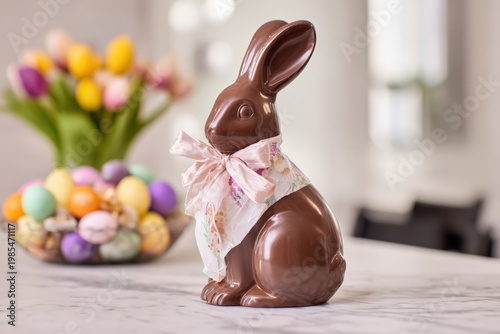 Chocolate Easter bunny with colorful eggs background