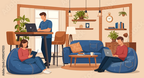 People working remotely in a cozy home office environment.