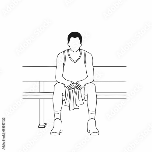 Basketball player sits on a bench holding a towel after an intense workout in this simple line art illustration suitable for health, wellness, or sports recovery advertising campaigns.