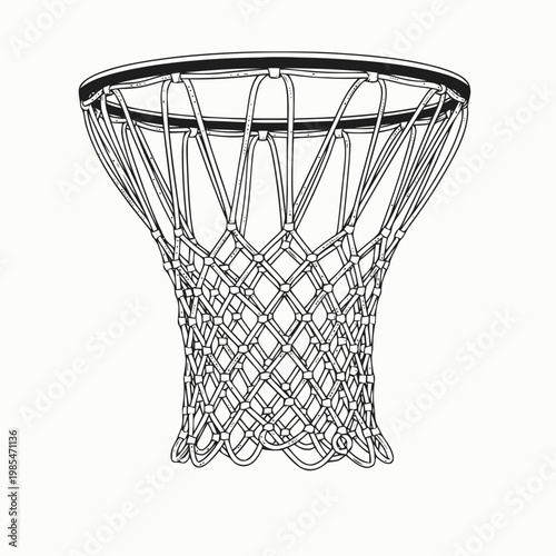 Basketball hoop featuring a detailed net hangs suspended in this crisp black and white line drawing that provides a clean aesthetic for sports equipment retail or athletic training manuals.