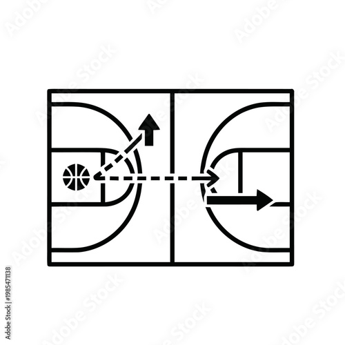 Basketball tactic board diagram illustrates player movement and ball passing strategies for an offensive play on the court.