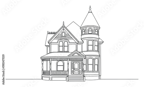 Detailed architectural drawing of a classic Victorian house with a prominent turret and porch ideal for historical projects or coloring book activities