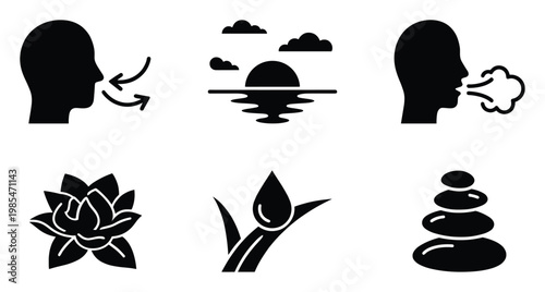 Wellness and relaxation icon set showcasing symbols for breathing, natural environment, lotus flower, essential oil droplet, and stacked meditation stones for health applications.