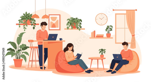 People working remotely in a cozy home office environment.