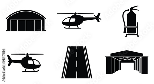 Essential safety and transportation icons featuring hangar, helicopter, fire extinguisher, and road for use in informational graphics, safety signage, and aviation or logistics