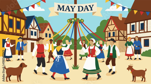 May Day celebration with people in traditional costumes dancing around a maypole