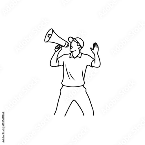 Man is depicted in a stylized line art illustration using a megaphone to shout an announcement or make a public broadcast for marketing and promotional design concepts.